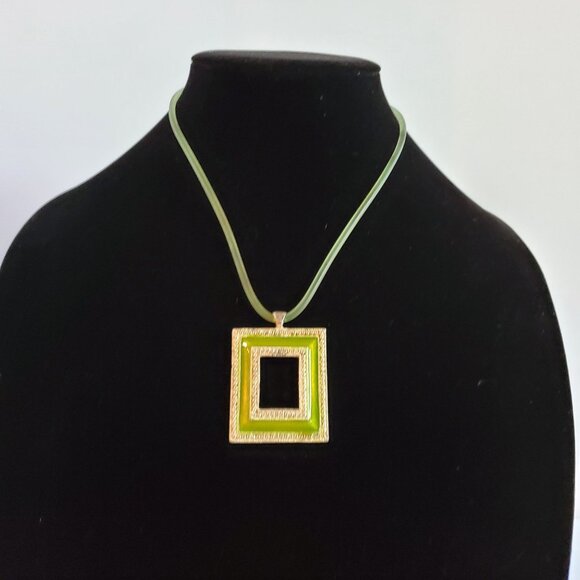 Jewelry - Vintage Square Enamel Pendant Necklace Green Trimmed Silver Fashion Jewelry